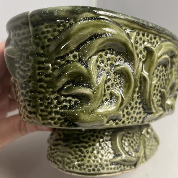 MCM Planter Vase Vintage 1950's Pedestal Ceramic Gloss‎ Green Raised Design - Picture 4 of 9
